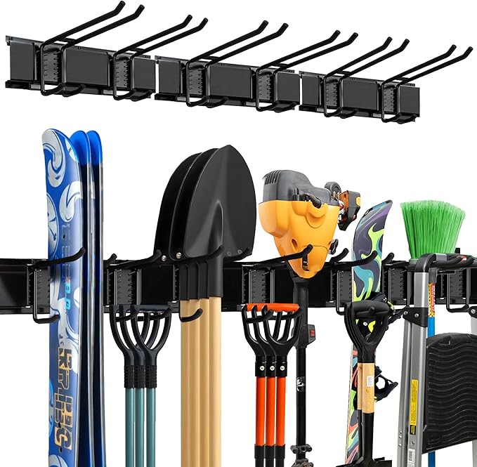 TIDYME Garage Wall Organizer | 48" Heavy-Duty Tool Storage Rack | Adjustable Double-Layer Hooks | 300 lbs Capacity | Carbon Steel Wall Mount Holder for Shovels, Rakes, Ladders & Power Tools