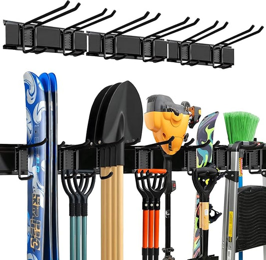TIDYME Garage Wall Organizer | 48" Heavy-Duty Tool Storage Rack | Adjustable Double-Layer Hooks | 300 lbs Capacity | Carbon Steel Wall Mount Holder for Shovels, Rakes, Ladders & Power Tools