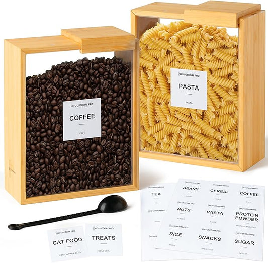 HouseCorePro 2 Pack Bamboo Food Storage Containers – Large 2.75L Food Dispenser with Measuring Spoon, 18 Labels, 6 Freshness Stickers, Wood Pantry Organizers and Storage for Dry Goods, 9.50x7.25x4in.