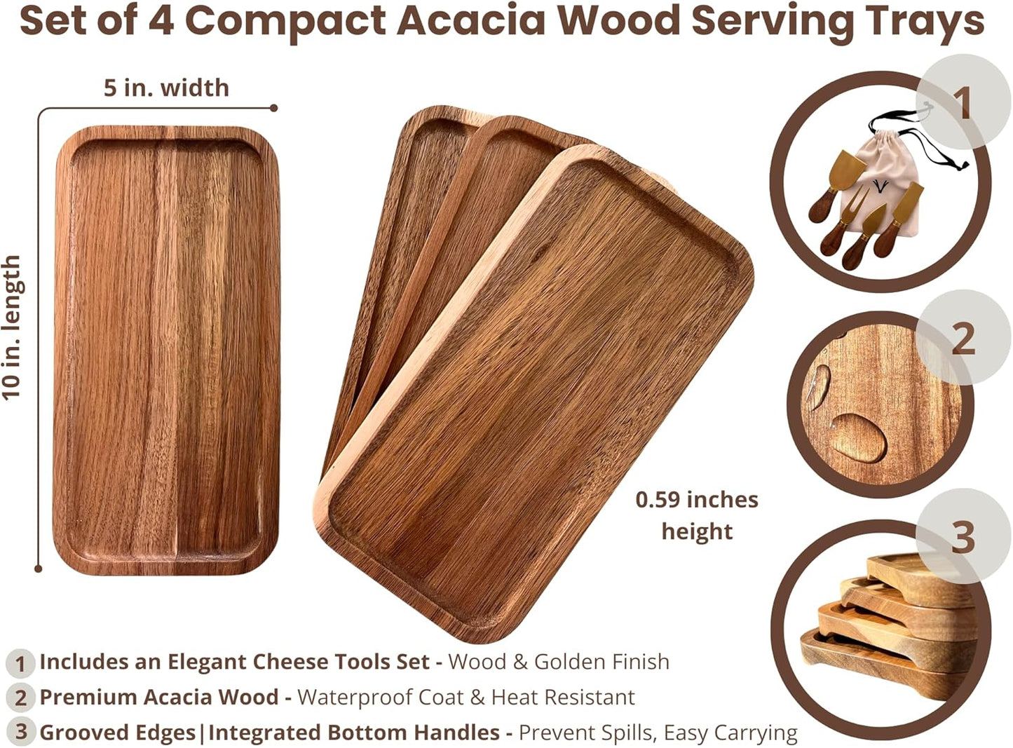 Acacia Wood Serving Tray Set – Small Rectangular Wooden Platters with Cheese Tools for Food, Appetizers & Charcuterie, Ideal for Gatherings, Snack & Cheese Board (Set of 4)
