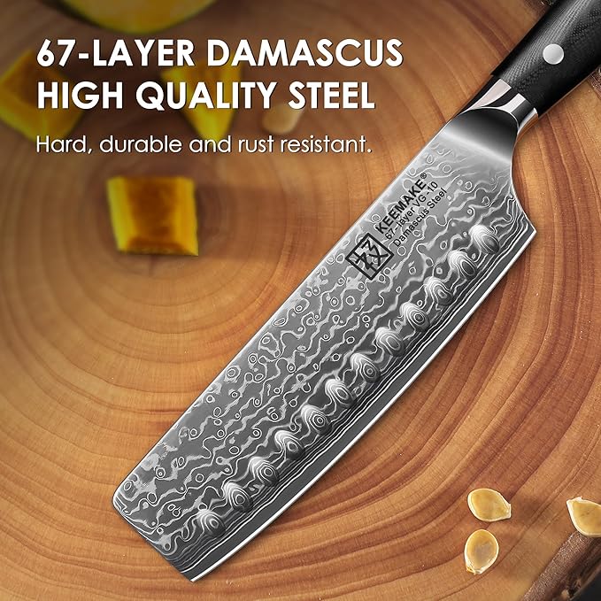 KEEMAKE Nakiri Knife 7in Ultra Sharp Meat Cleaver and Vegetable Chopper, Damascus Kitchen Knives with Full Tang G10 Ergonomic Handle, Japanese Knife for Kitchen