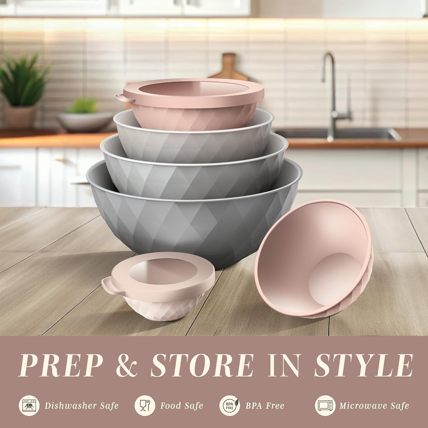 COOK WITH COLOR Mixing Bowls with Lids - 12 Piece Plastic Nesting Bowls Set includes 6 Prep Bowls and 6 Lids, Diamond Design - Microwave Safe, Pink and Grey