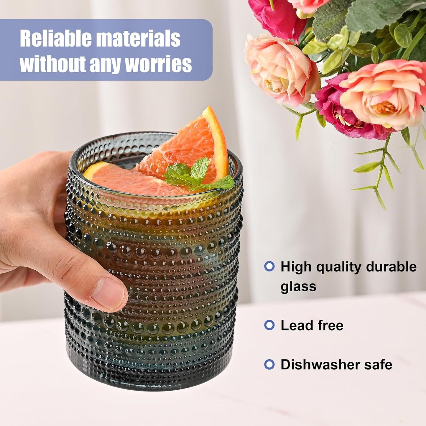 Vintage Hobnail Drinking Glasses Set of 8,Colored 12 oz & 15oz Highball Glass Cups, Kitchen Drinkware Glassware,Embossed Water Tumbler,for Beer,Cocktail,Whiskey,Juice and Various Mixed Drinks