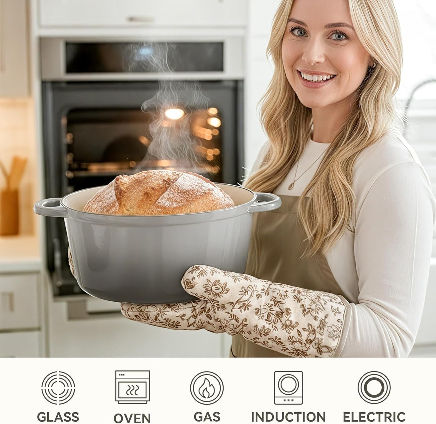 6 Quart Dutch Oven Pot with Lid, Non Stick Enameled Cast Iron Dutch Oven for Bread Baking, Heavy-Duty, Oven Safe Ceramic Cookware Up to 500°F for Baking, Braising, Stews, Roasting, Gray