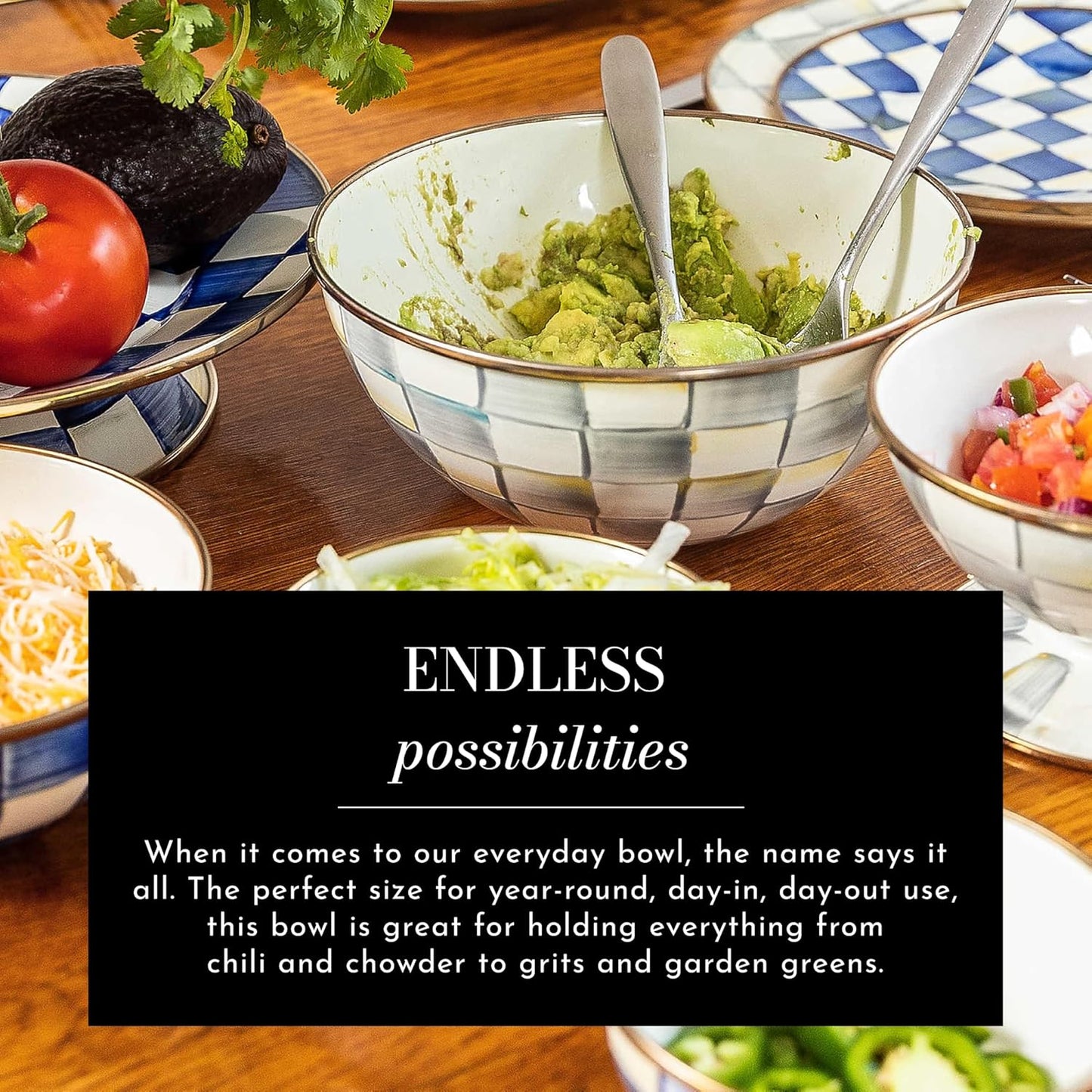 MACKENZIE-CHILDS Enamel Everyday Bowl, Serving Bowl for Entertaining, Medium, Gray-and-White Sterling Check, Set of 1