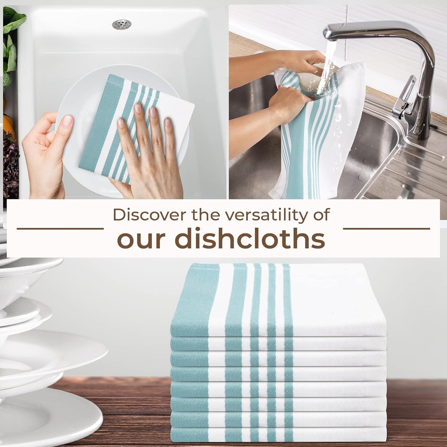 Urban Villa Cotton Dish Cloth Set of 8, Highly Absorbent Super Soft Quick Drying 12x12 Inch Dish Cloths for Kitchen Cleaning & Drying Dishes Mitered Corner Trendy Stripes Kitchen Towels - Aqua/White