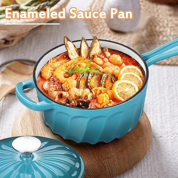 Enameled Cast Iron Sauce Pan, 2 Quart Enameled Saucepan with Lid, Mini Dutch Oven Enamel Saucepan for Cooking Pasta Sauce, Gravy, Puddings, Marinate, Boiling (Blue Green)