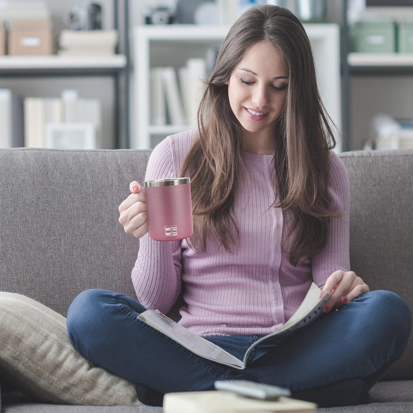 WETOWETO Coffee Mug with Handle, 14oz Insulated Stainless Steel Coffee Travel Mug, Double Wall Vacuum Reusable Coffee Cup with Lid, Powder Coated Rose Gold