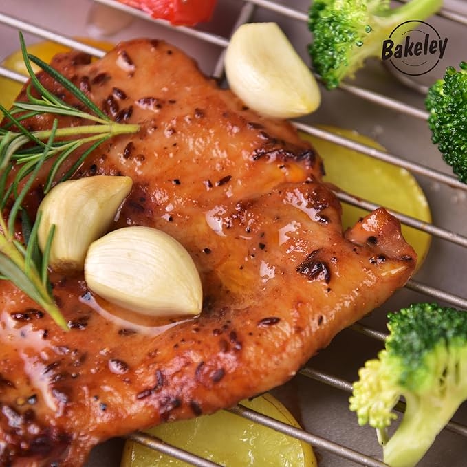 13-Inch Nonstick Roasting Baking Pan with Wire Rack(1Pan & 1Rack), Non-Stick Rectangular Deep Dish Oven-BBQ Bakeware for Oven Baking 13.78" x 9.84" x 2.36" (Champagne Gold)