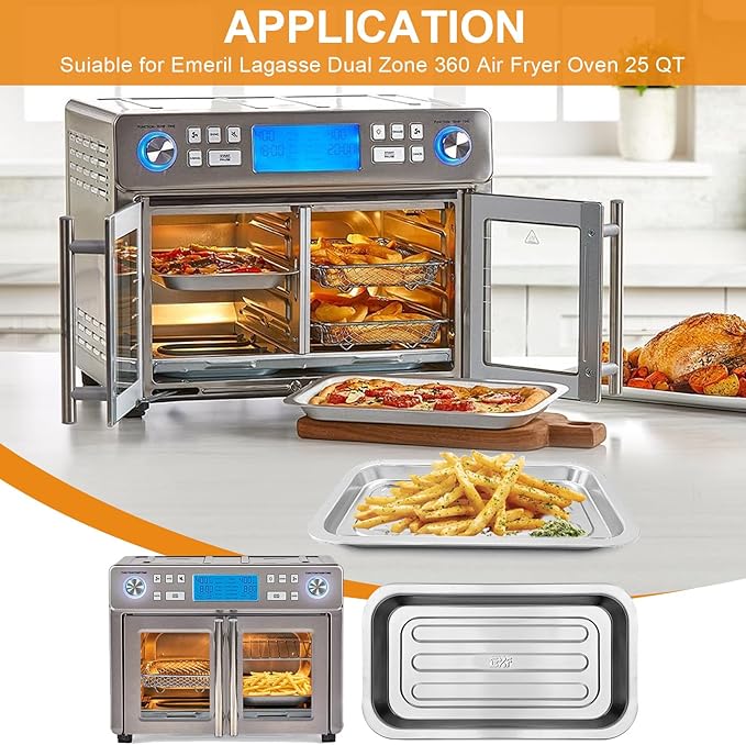 Air Fryer Grill Pan for Emeril Lagasse Dual Zone 360 Air Fryer Oven 25 QT Extra Large, 11.5''×6.7'' Steel Air Fryer Tray Accessories Grill Plate Crisper Plate Drip Pan Replacement Parts Rack