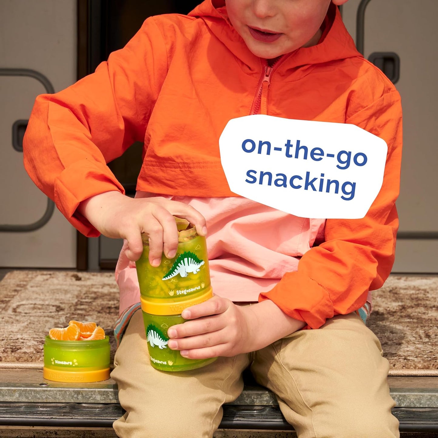 Whiskware Dinosaur Stackable Snack Containers for Kids and Toddlers, 3 Stackable Snack Cups for School and Travel, Green/Orange