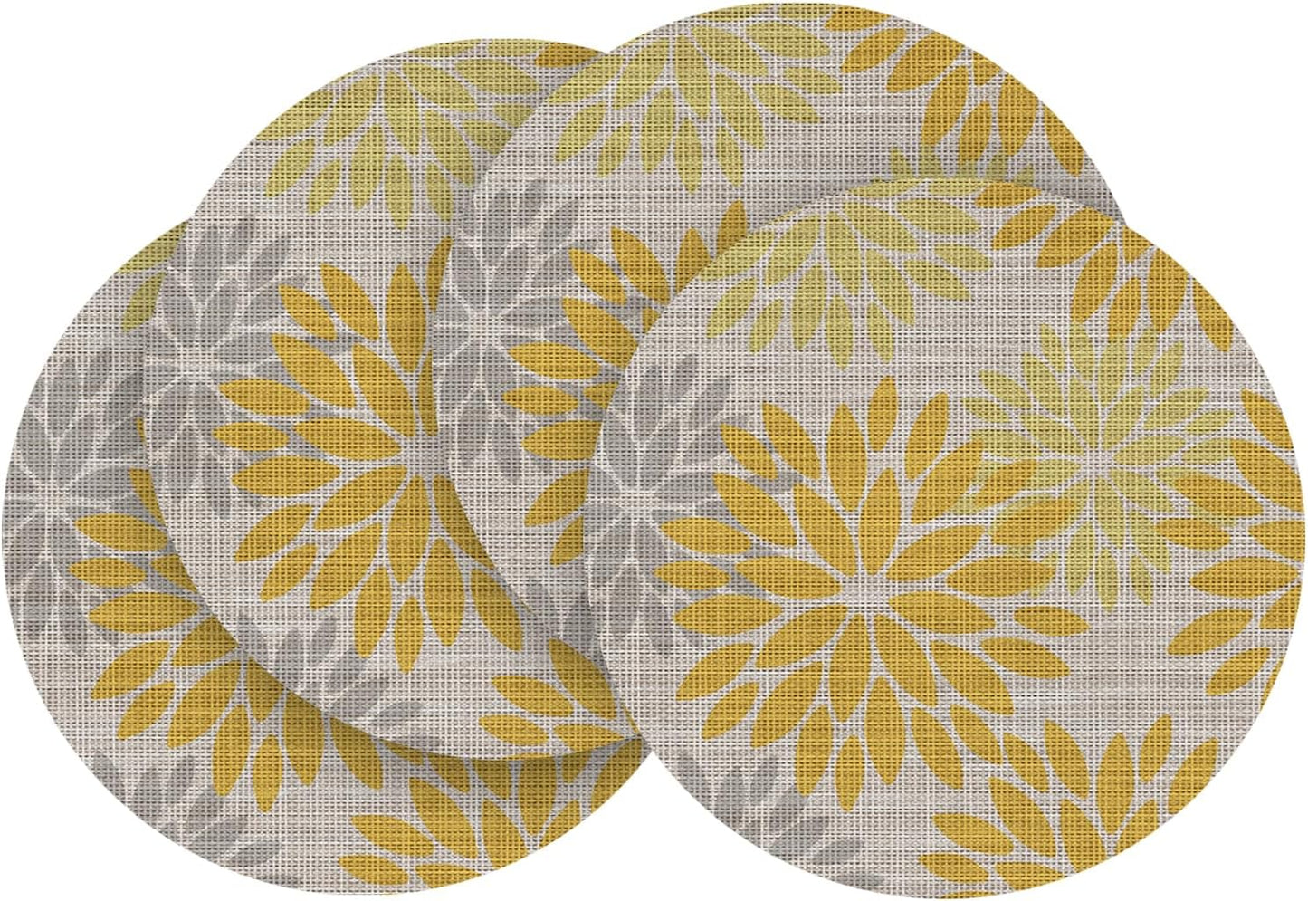 Artoid Mode Yellow Dahlia Plastic Round Placemats Set of 4, 14 Inch Seasonal Wipeable Woven Vinyl Table Mats for Farmhouse Party Kitchen Dining Decor