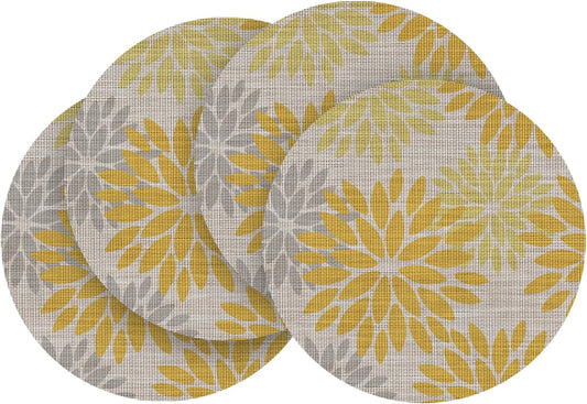 Artoid Mode Yellow Dahlia Plastic Round Placemats Set of 4, 14 Inch Seasonal Wipeable Woven Vinyl Table Mats for Farmhouse Party Kitchen Dining Decor