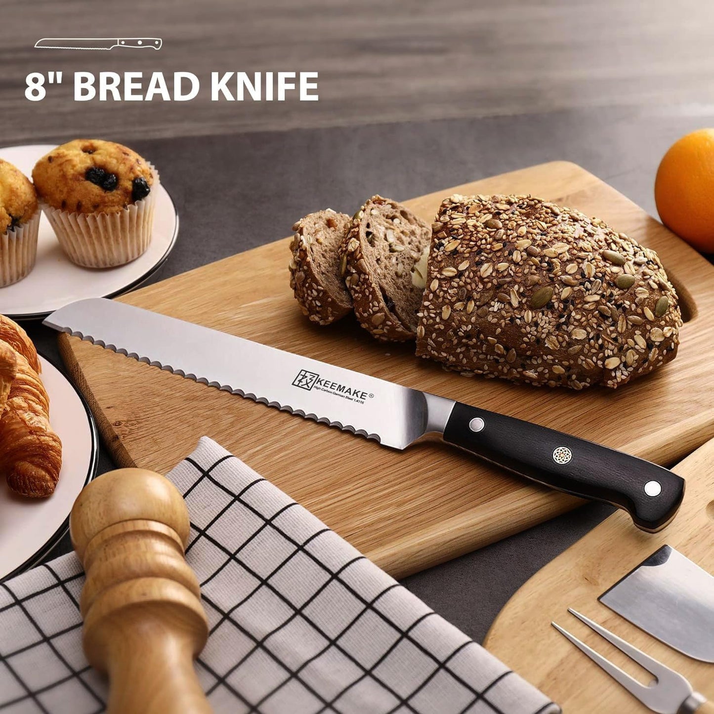 KEEMAKE 8 Inch Serrated Bread Knife for Homemade Bread, High Carbon Stainless Steel Razor Sharp Carving Knife, Sourdough Knife for Slicing Homemade Bread, Bagels, Cake