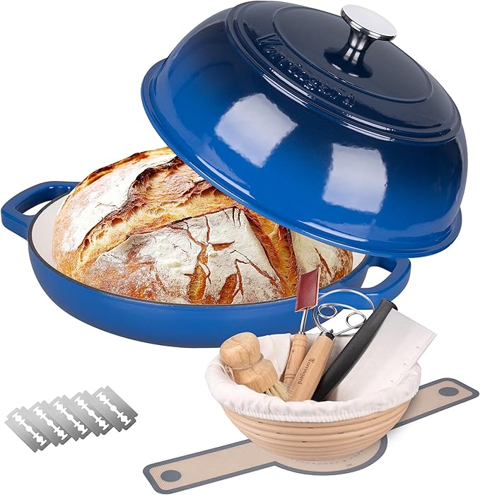 Enameled Cast Iron Dutch Oven Pot with Lid, Bread Oven for Sourdough Bread Baking, Dutch Ovens with Bread Proofing Basket& Baking Supplies Set, 6 Quart, Blue