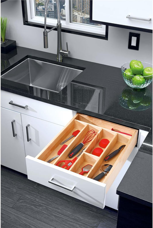 Rev-A-Shelf Trim-to-Fit Silverware Drawer Organizer For Kitchen Utensils, Cutlery Cabinet Storage Divider Insert, 23.98 x 21.97 In, Maple Wood, 4WUT-3