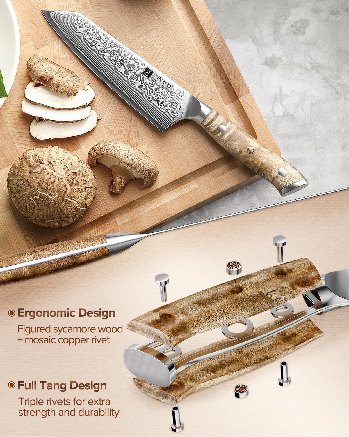 XINZUO Kiritsuke Chef Knife 5.8",Sharp Forged Damascus Stainless Steel Sharp Small Kitchen Knife,For Home & Restaurant,Full Tang Figured Sycamore Wood And Mosaic Copper Rivet Handle