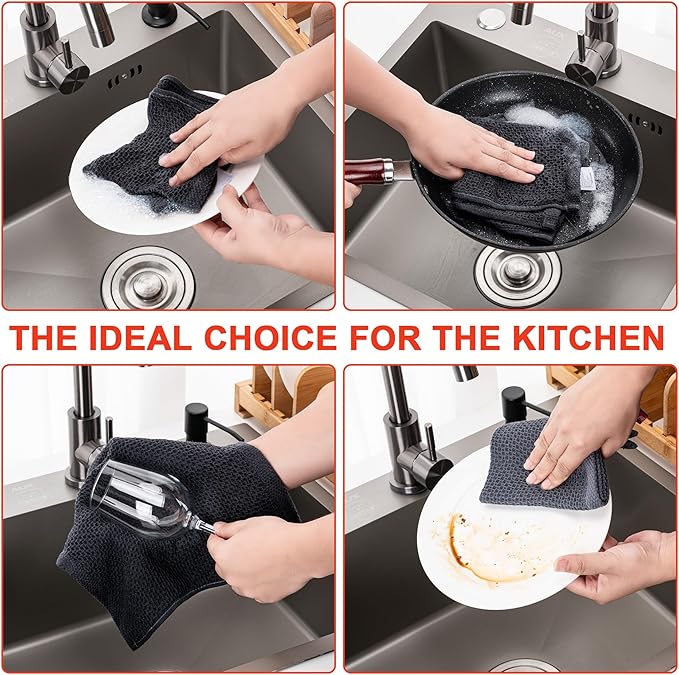 BOOMIBOO ﻿Kitchen Towels 6-Pack Kitchen Dish Cloths,100% Cotton Towels Waffle Weave, Ultra Soft Absorbent, Quick Drying, 12x12 Inches,Dark Grey
