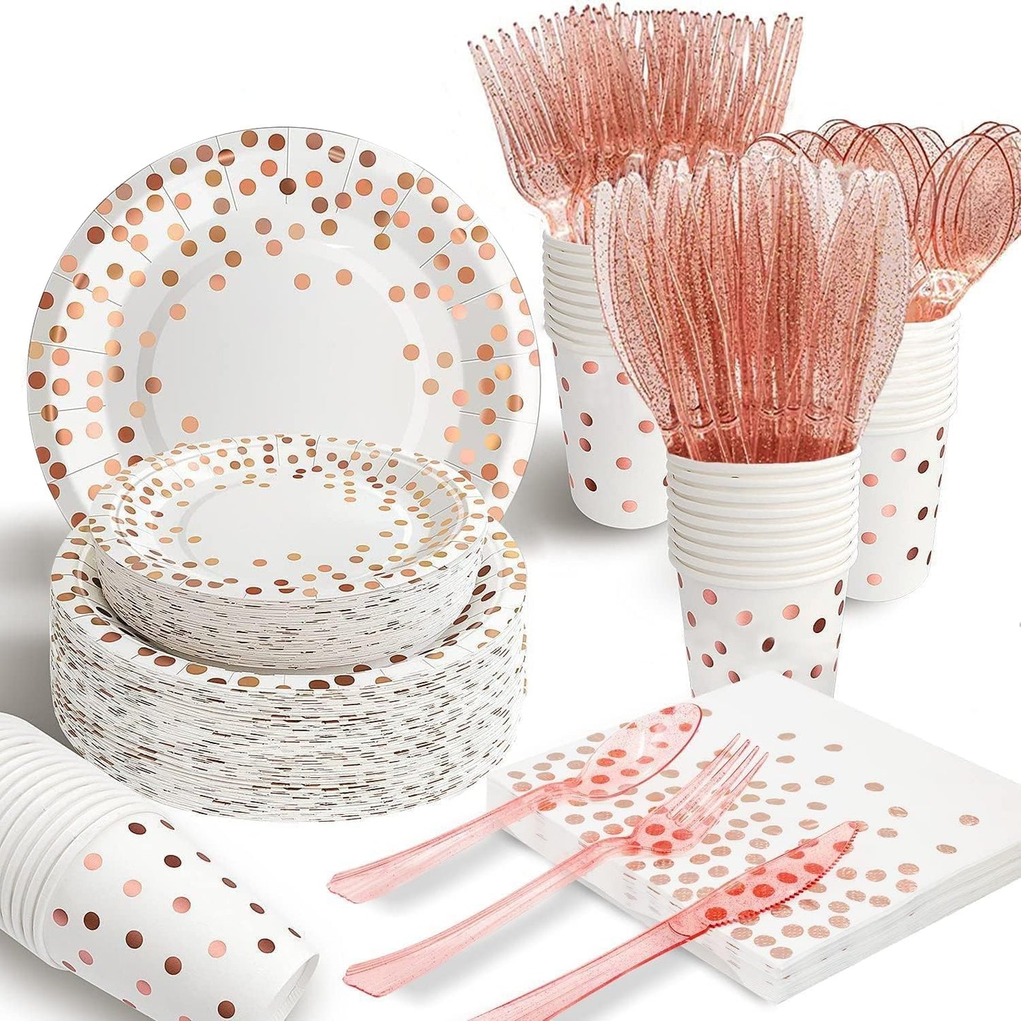 AIRE 175Pcs White Rose Gold Paper Plates Dinnerware Sets for 25 Guests, Party Supplies Disposable Paper Party Plates Napkins Cups Plastic Forks Knives Spoons For Birthday Baby Shower Wedding New Year