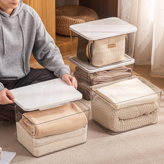 4-Piece Set,Plastic Storage Bin with Lid,Large Storage Containers,Stackable Lidded Storage Boxes for Cabinets, Clothes, Toys, Books (clear 4XL(with wihte lid))