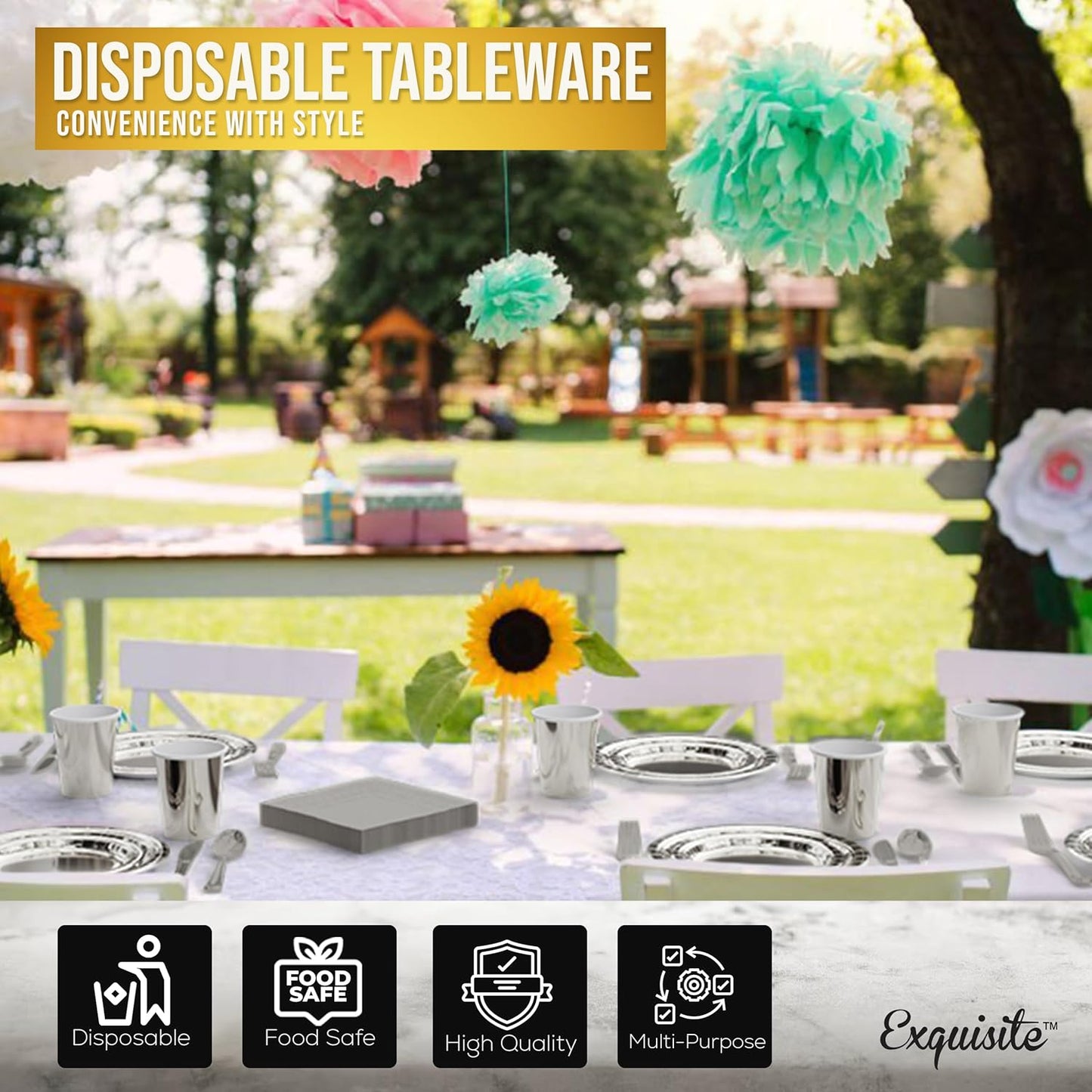 Exquisite 350 Pcs Silver Paper Plates For Party, Silver Disposable Plates Set, 50 Of Each 9" Dinner Plate Set, 7" Dessert Plate, Cups, Napkins & Cutlery Paper Dinnerware