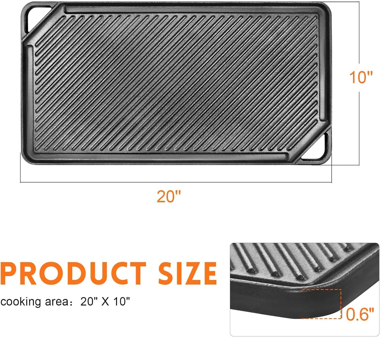 GGC Cast Iron Griddle for Gas Stove, Reversible Griddle for Gas Grills, 20 x 10 Flat and Ribbed Griddle Plate for Outdoor and Indoor Cooking