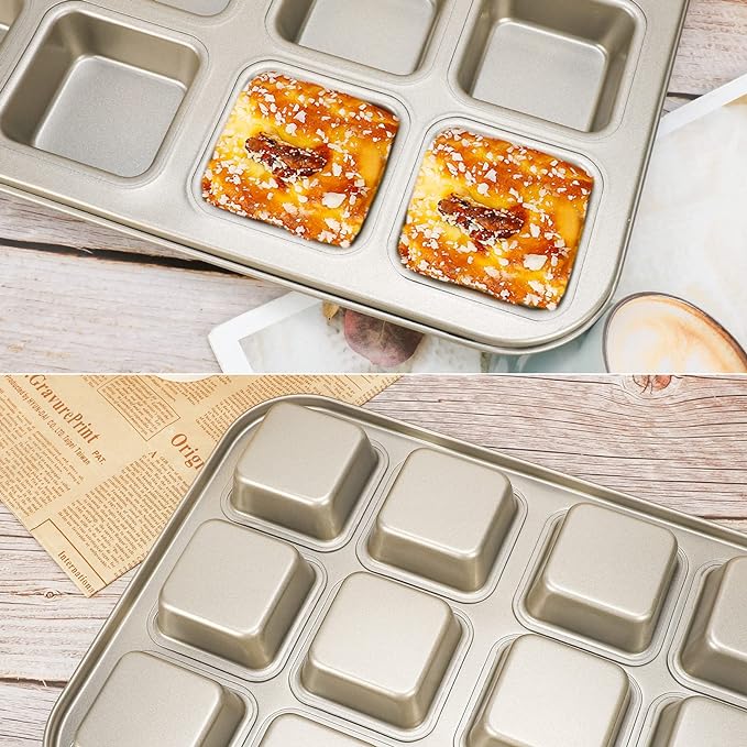 Beasea Brownie Pan with Dividers, 1 Set Gold All Edges Square Cupcake Brownie Pans 12 Cavity Mini Non Stick Baking Carbon Steel Bread Mold Small Edge 3x4 Individual Cutter Sheet Tray for Cake Oven