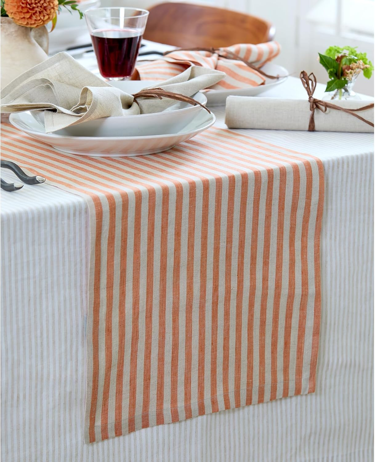 Solino Home Table Runner 120 Inches Long - Amalfi Stripe, 100% Pure Linen Pumpkin and Natural Table Runner 14 x 120 Inch for Dining, Fall, Autumn, Halloween, Thanksgiving