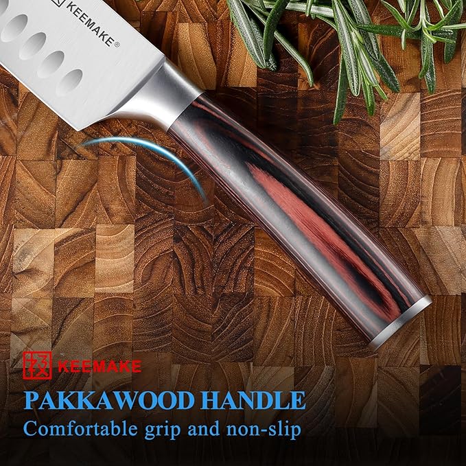 KEEMAKE Chef Santoku Knife - 7 Inch Ultra Sharp Kitchen Knife with Stainless Steel Blade for Cooking Meat Fruit Vegetable with Ergonomic Pakkawood Handle and Gift Box Included