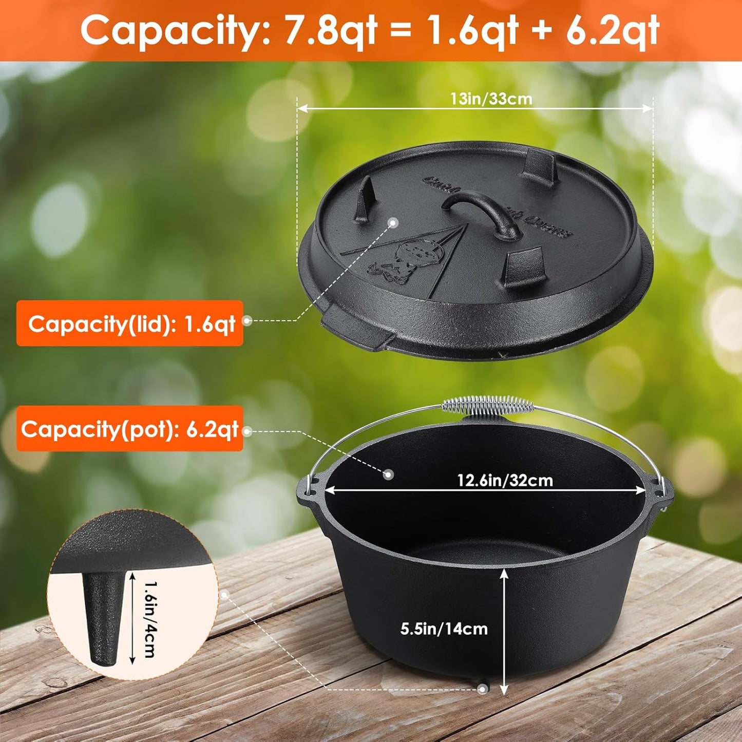 LIFERUN Dutch Oven Pot with Lid, 7.8 Quart Cast Iron Dutch oven, with Pot Cover Lifter Handle & Stand and Dual Function Lid Griddle for Home Cooking