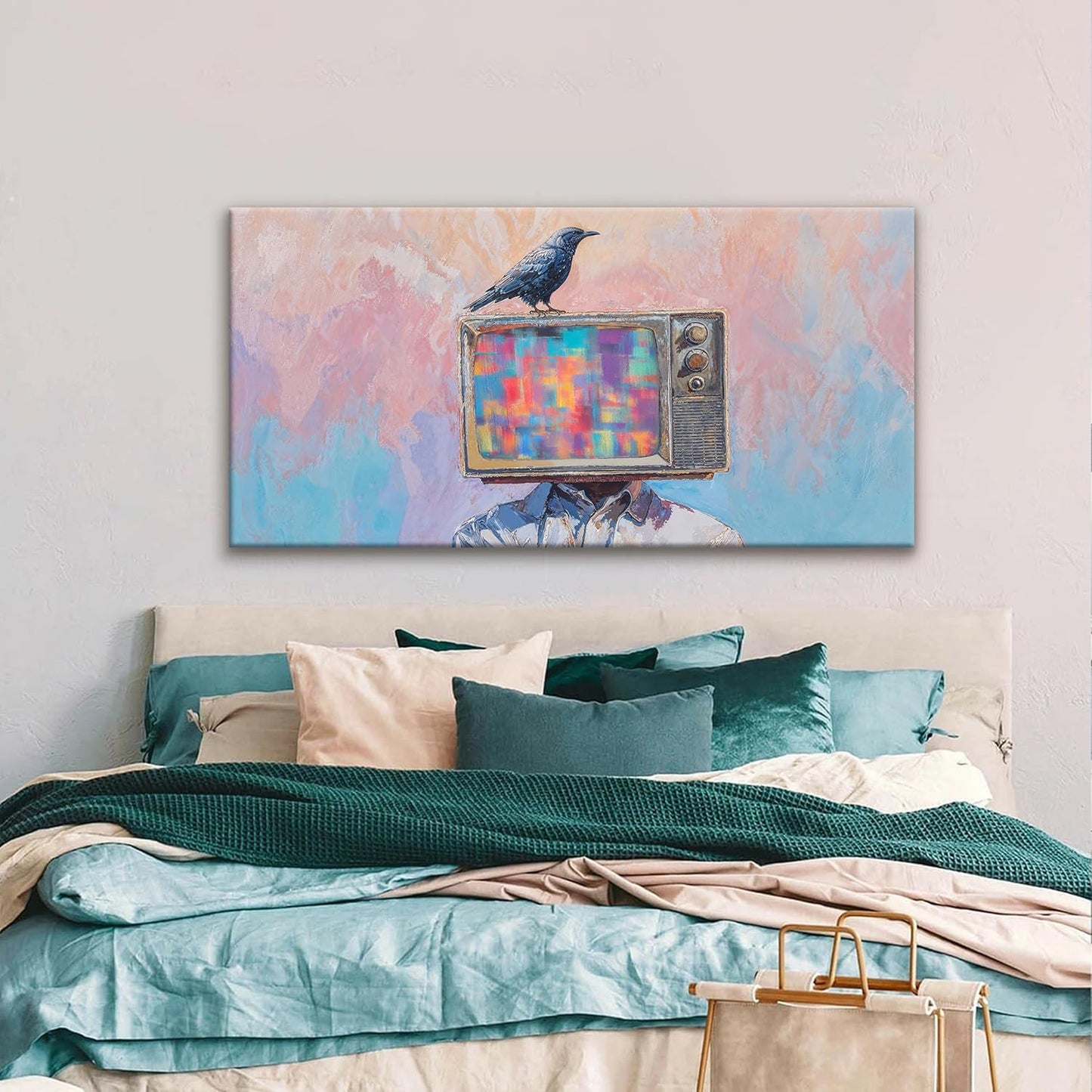 Abstract Art Wall Decor Prints Crow And Tv Head Wall Decorations Ready To Hang Modern Wall Art For Living Room Office Bedroom Bathroom Kitchen Canvas Prints Decor 20x40 Inch