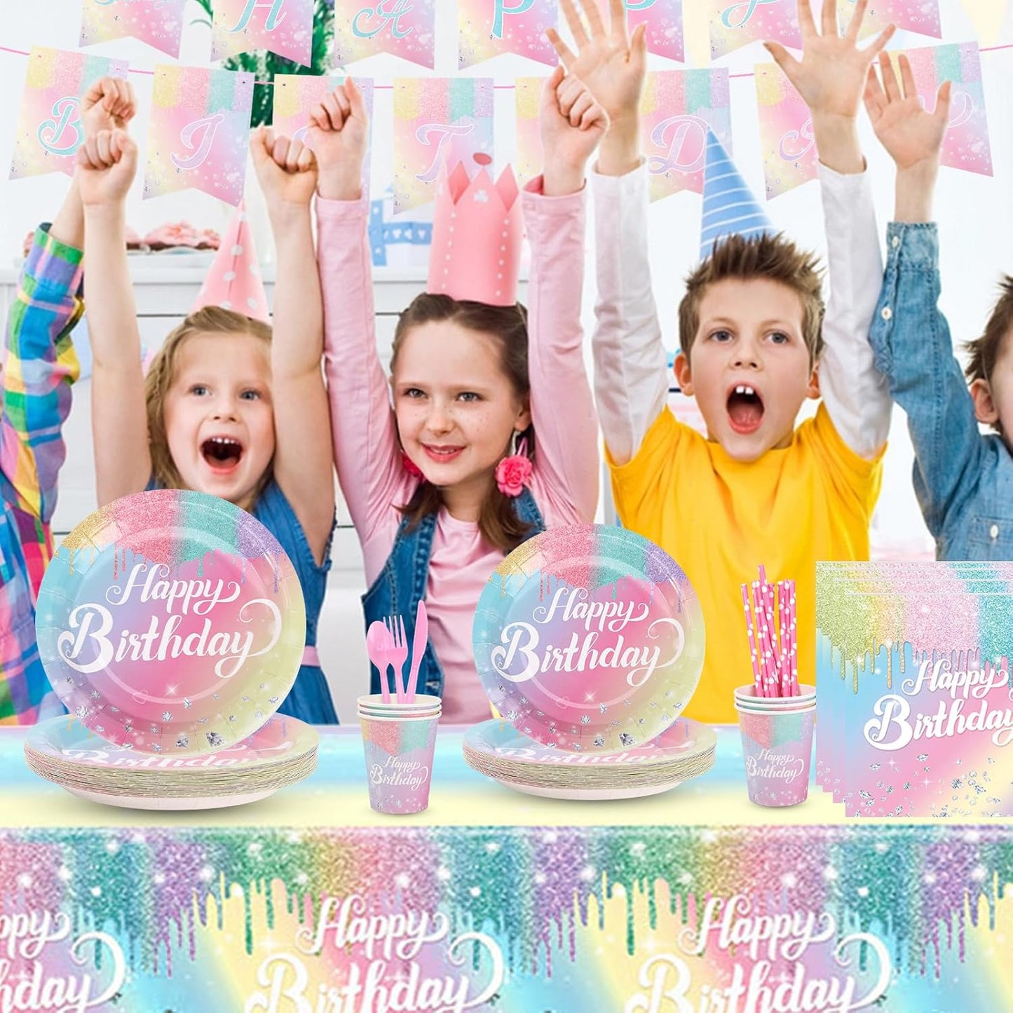 Rainbow Birthday Plates Napkins Sets Pink Birthday Party Supplies Glitter Diamond Plates,Rose Gold Disposable Birthdays Dinnerware Sets Unicorn Girls Party Plates with Tablecloth Cup Banner Serve 24