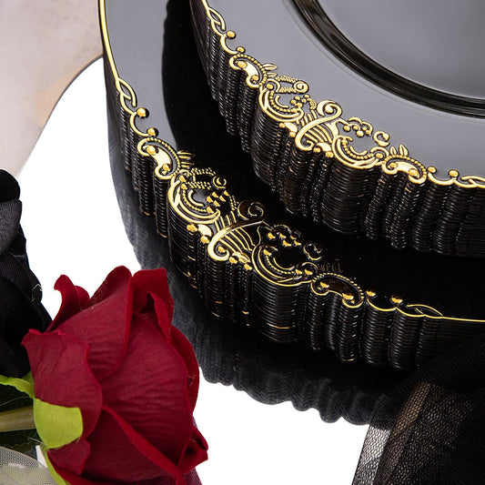 Hioasis 210pcs Black and Gold Plastic Plates - Disposable Dinnerware Set Suitable for 30 Guests Include 10.25" Dinner & 7.5" Dessert Plates, Pre Rolled Silverware Set, Cups for Party & Halloween