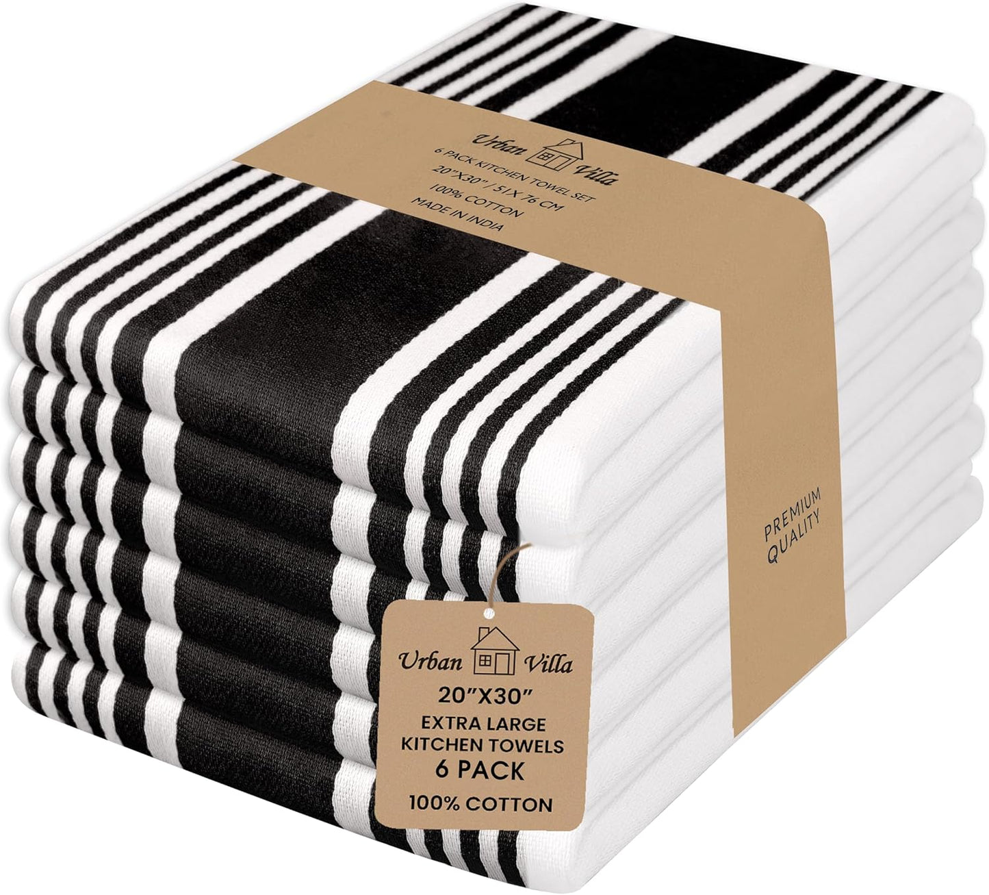 Urban Villa Kitchen Towels 100% Cotton Pack of 6, Highly Absorbent Quick Drying Super Soft Premium Dish Towels for Kitchen with Hanging Loop Hand & Tea Towels - 20x30 Inch, (Black & White, Striped)
