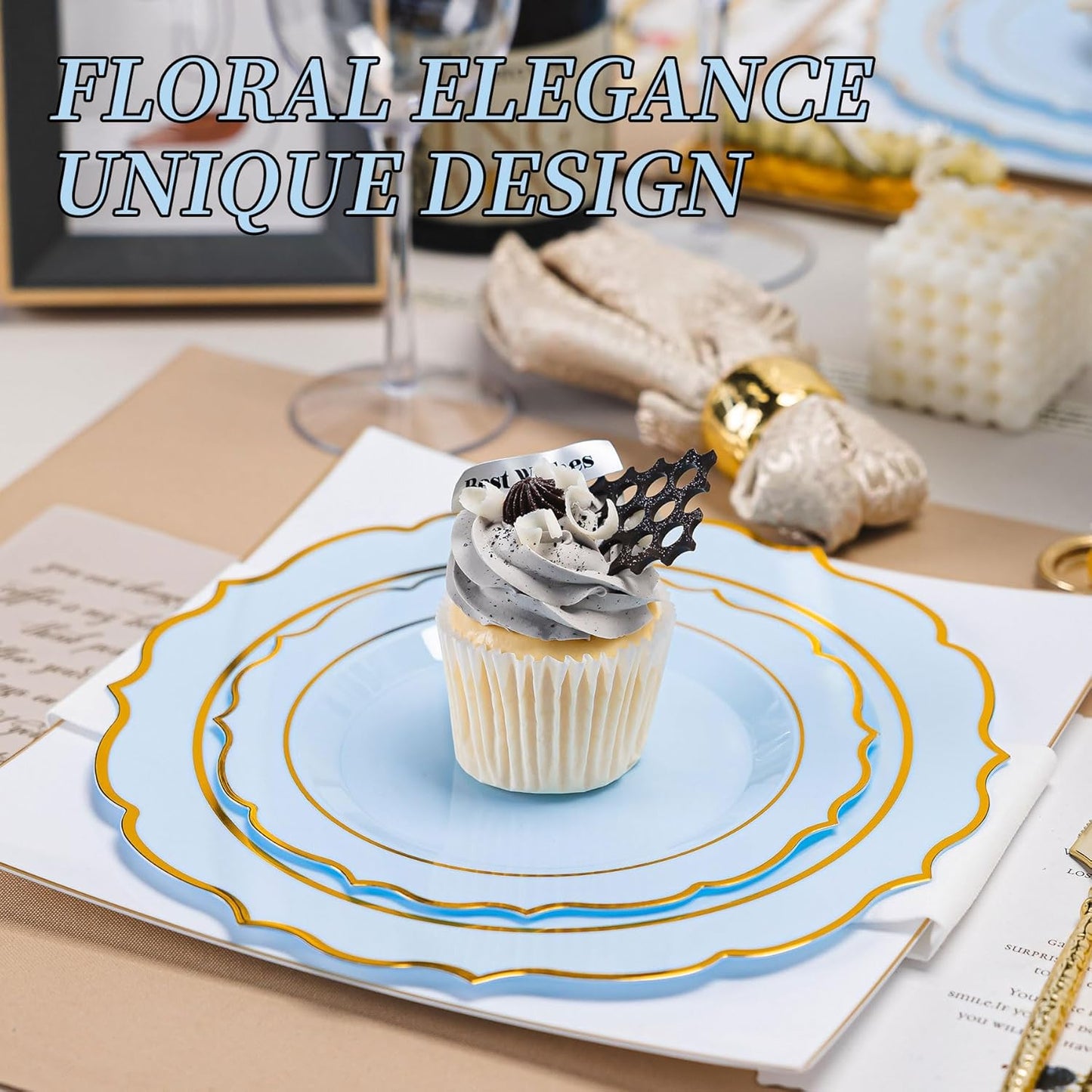 120PCS Blue Plastic Plates, Disposable Elegant Party Plate with Gold Rim, Heavy Duty 60 Dinner and 60 Dessert Fancy Plates for Party and Wedding