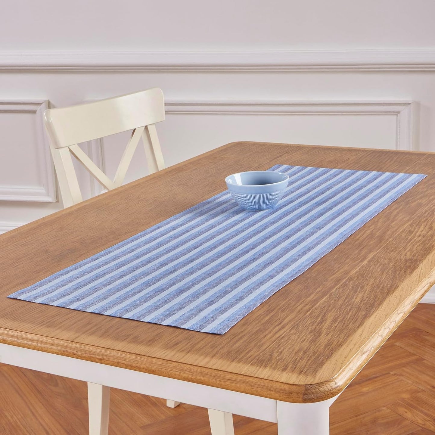 Solino Home Linen Table Runner 36 Inches - Amalfi Stripe 100% Pure Linen Bistro Blue Table Runner 14 x 36 Inch Ideal for Dresser and Coffee Tables