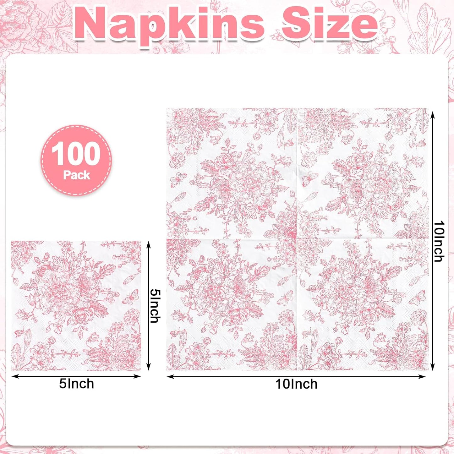 100 Pcs Pink Floral Napkins, Pink and White Toile Cocktail Napkins Vintage Flower Butterfly Design Cute Decoupage Napkin for Wedding, Bridal Baby Shower, Tea Party, 5 x 5 Inch