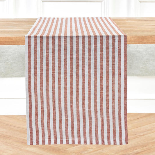 Solino Home Linen Table Runner 90 Inches Long - Amalfi Stripe, 100% Pure Linen Cinnamon and White Farmhouse Table Runner 14 x 90 Inch for Dining, Fall, Autumn, Halloween, Thanksgiving