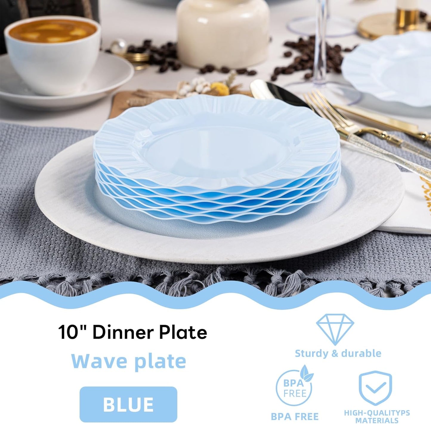 72 Pack Blue Plastic Plates, 10" Disposable Wave Dinner Plates Elegant Heavy Duty Serving Dishes for Party, Wedding, Thanksgiving, Christmas