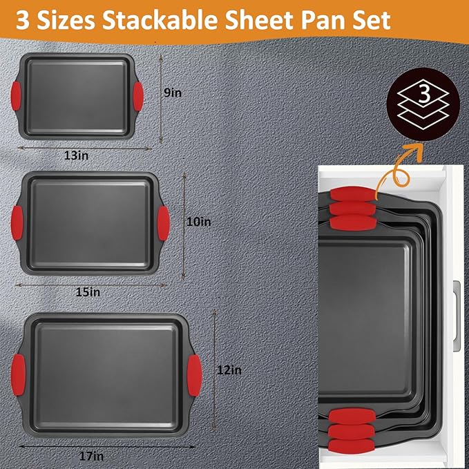 3-Piece Baking Pan Set - Nonstick Cookie Sheets with Silicone Handles, Carbon Steel Bakeware for Oven, Stackable Baking Trays Set - Home Kitchen Bakeware