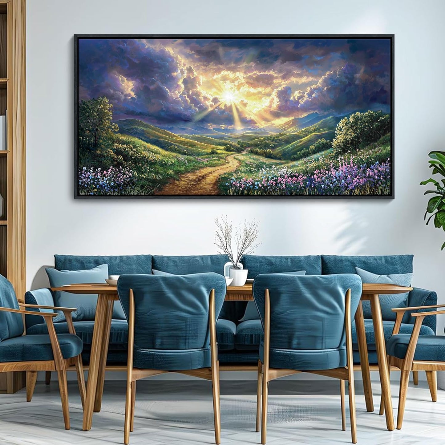 HKDGOKA Large Landscape Wall Art, Green Mountains Purple Clouds Flower Scenery Canvas Pictures Paintings Framed Artwork for Living Room Bedroom Office Kitchen Home Wall Decor 29x58 IN