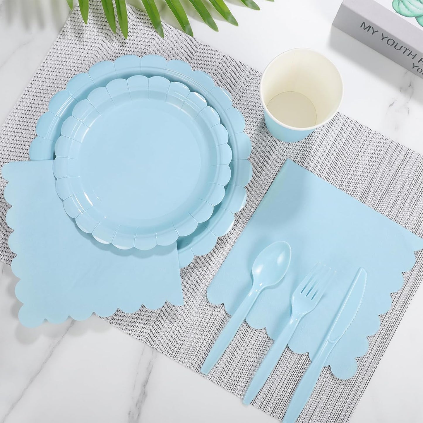 350 Pcs Light Blue Paper Plates and Napkins, Blue Party Supplies Include Light Blue Scalloped Plates Napkins Cups Plastic Spoons Forks Knives for Baby Shower,Wedding,Birthday