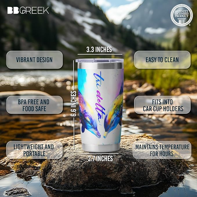 Tri Delta Sorority Paraphernalia - Official Vendor - 20 oz Stainless Steel Insulated Sublimation Tumblers - Dolphins Rainbow