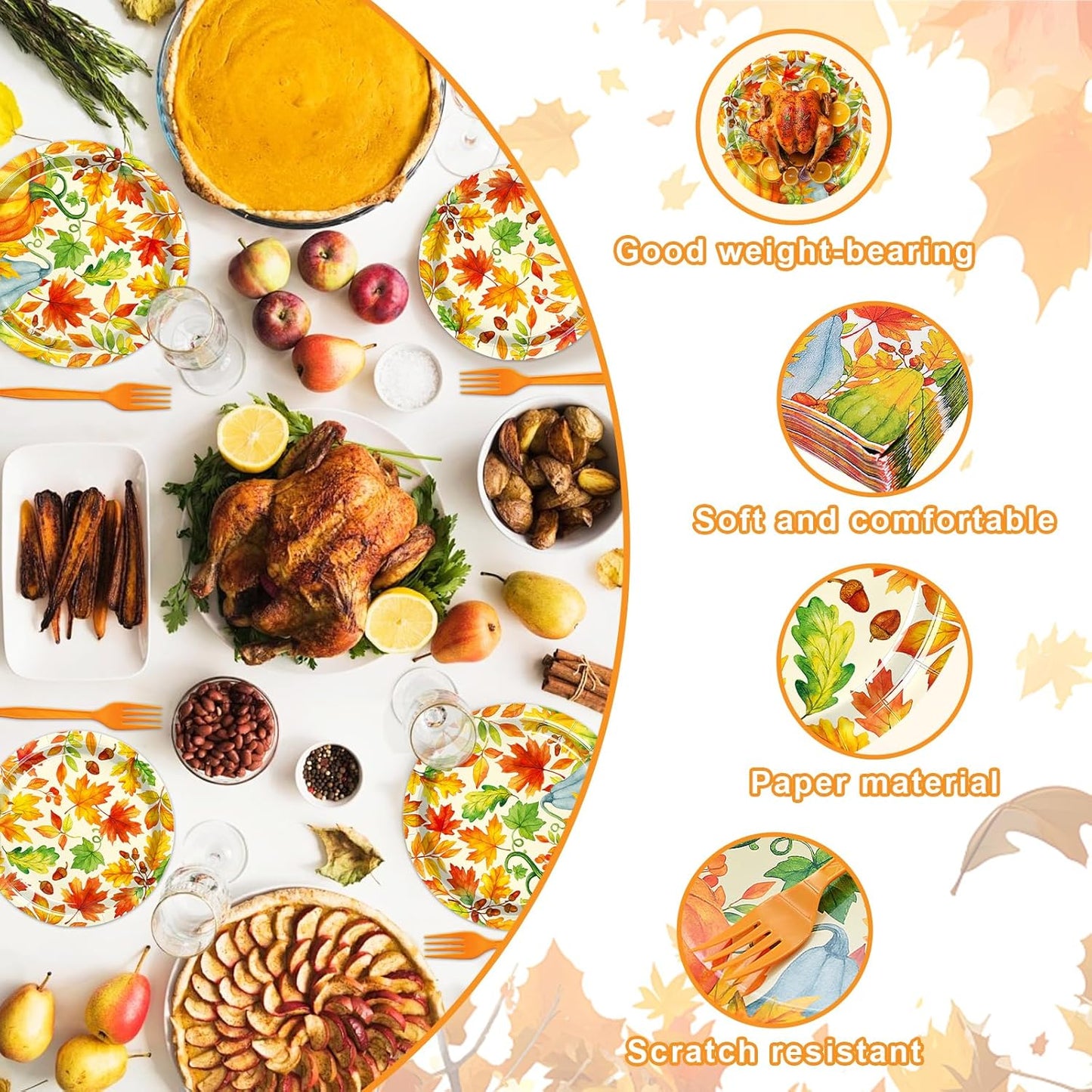 96 Pieces Fall Pumpkin Party Tableware Set – Autumn-Themed Disposable Plates, Napkins, and Orange Forks for Thanksgiving, Harvest Festivals, and Fall Gatherings – Serves 24 Guests