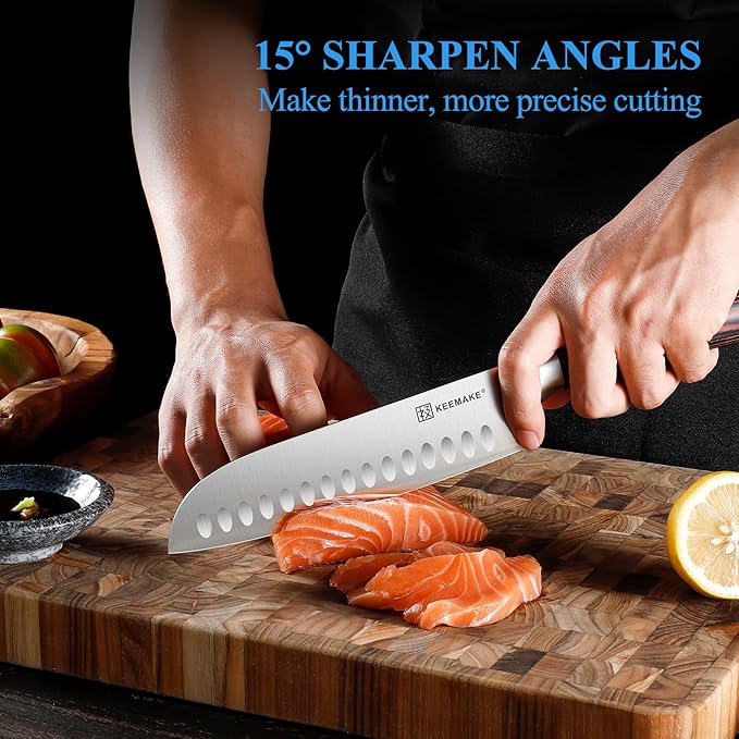 KEEMAKE Chef Santoku Knife - 7 Inch Ultra Sharp Kitchen Knife with Stainless Steel Blade for Cooking Meat Fruit Vegetable with Ergonomic Pakkawood Handle and Gift Box Included