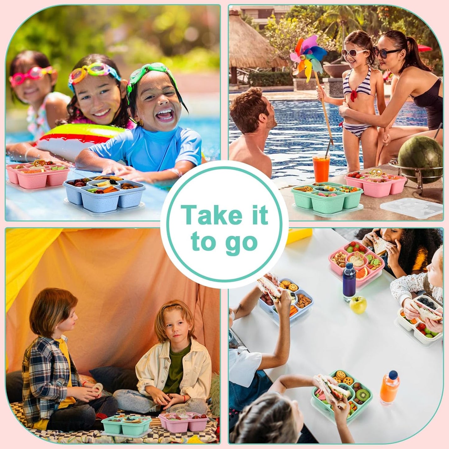 Caperci Original Bento Snack Box and Lunchable Containers for Kids & Adults - 5 Compartment Food Storage Containers for Snacks and Meals, Wheat Straw, BPA-Free, Set of 4 (Multicolor & Clear Lids)