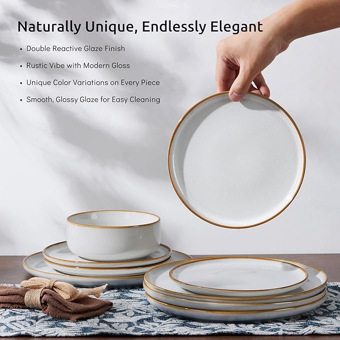E-far Dinnerware Sets for 6, 18-Piece Stoneware Plates and Bowls Set, Reactive Glaze Dinning Ware Dishes Set, Microwave & Dishwasher Safe - Seashell White
