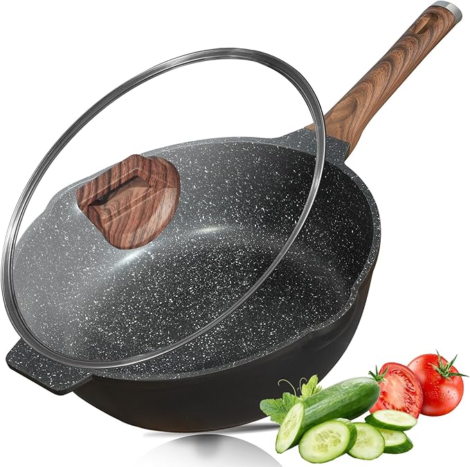 HIARUO Deep Nonstick Frying Pan with Lid, 12 inch Non Stick Skillet Large Sauté Pan Granite Sauce Pan Cookware Cooking Chef Wok Pan with Helper Handle, 5.5 QT Induction Compatible, Black