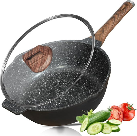 HIARUO Deep Nonstick Frying Pan with Lid, 12 inch Non Stick Skillet Large Sauté Pan Granite Sauce Pan Cookware Cooking Chef Wok Pan with Helper Handle, 5.5 QT Induction Compatible, Black