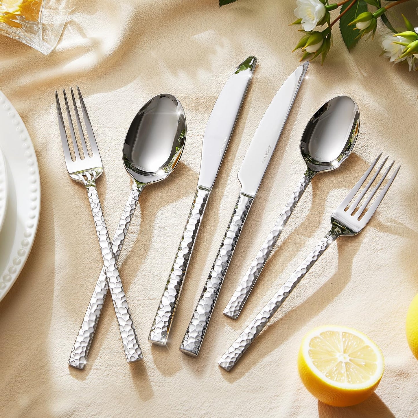 KINGSTONE 48 Piece Silverware Set with Steak Knives, Hammered Silverware Set for 8, 18/10 Stainless Steel Flatware, Cutlery Set for Home, Party, Wedding, Mirror Polished Dishwasher Safe